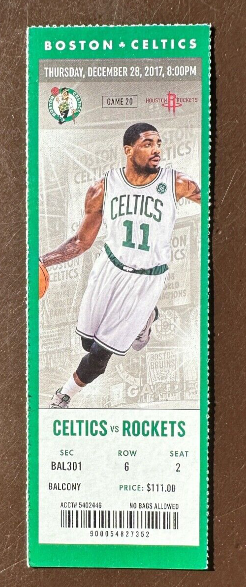 Boston Celtics 12/28/2017 NBA ticket stub vs Houston Rockets