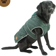Quilted Dog Coat - Green. Waterproof, Fleece, Belly Strap, Reflective. 7 Sizes.
