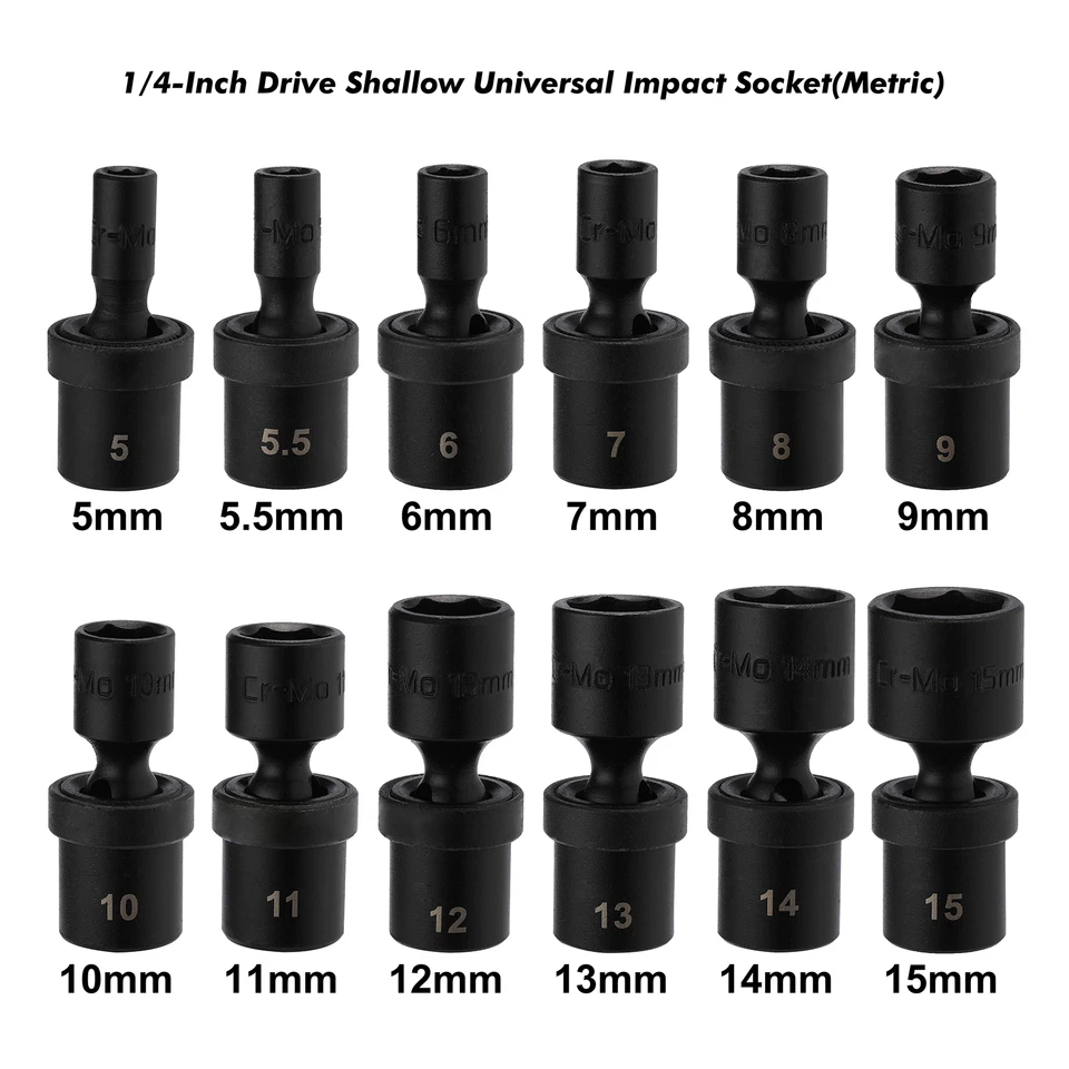 12pcs 1/4-Inch Impact Socket Set Metric 5mm to 15mm 6-Point Cr-Mo Swivel Socket - Image 3 of 4