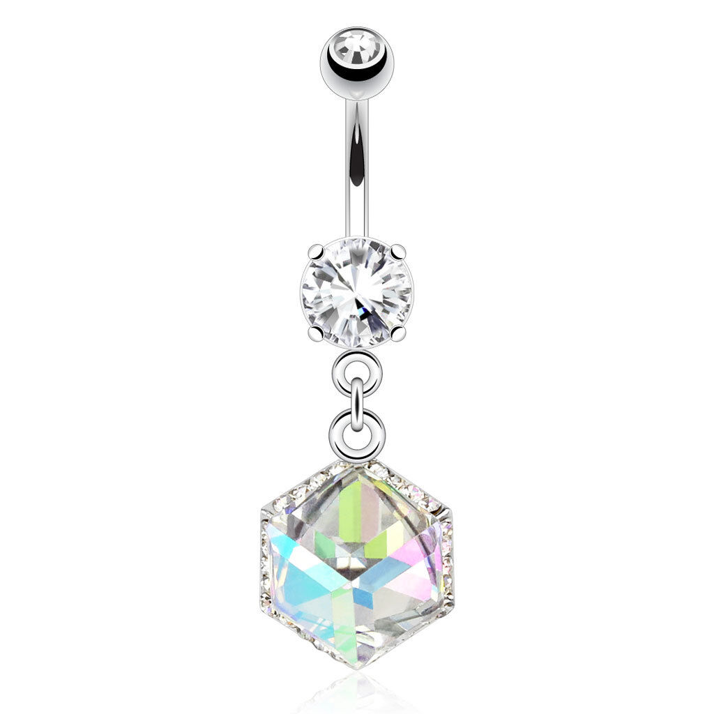Surgical Steel Belly Button Navel Ring Bar with Dangling Cube Prism Box with Paved Gems Surgical Steel Belly Button Navel Ring Bar with Dangling Cube Prism Box with Paved Gems