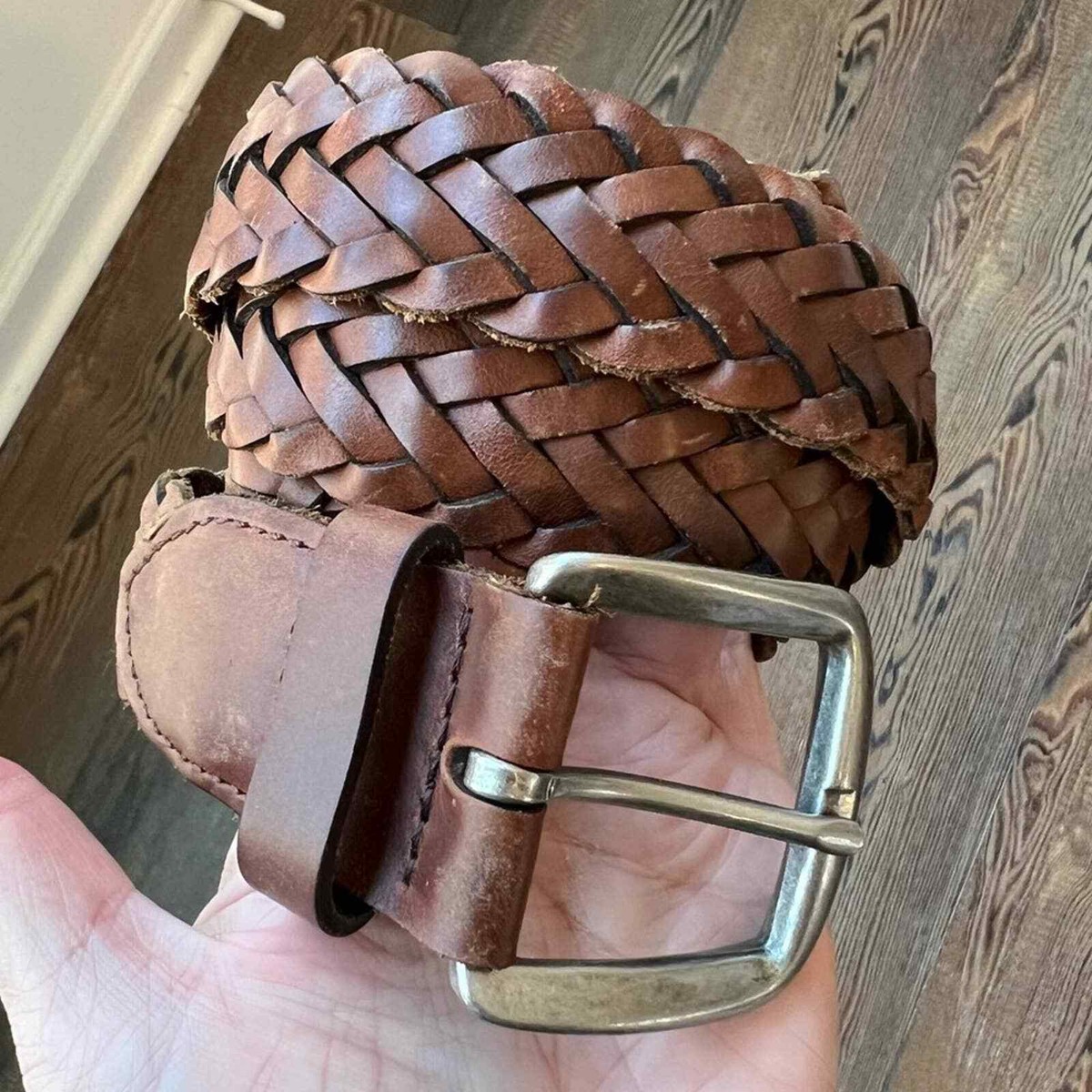 Vintage Dark Brown Genuine Leather Braided Belt with Silver Tone Buckle Vintage Braided Brown Leather Belt With Silver Metal Buckle  main image 2