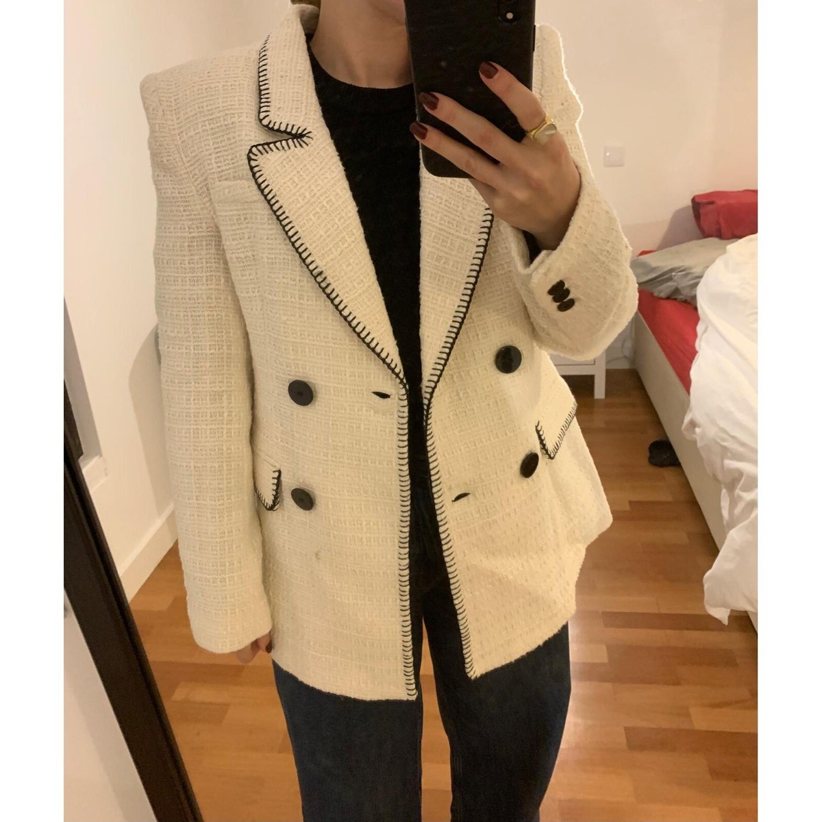 ZARA BNWT TOPSTITCHED DOUBLE BREASTED BLAZER ECRU/BLACK SIZE
