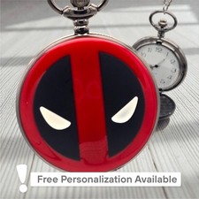 Red Black Hero Mask Pocket Watch   Personalized Enamel Inlay Vintage Style Gift