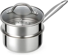 Stainless Steel Sauce Pan - Tri-Ply 1.5 Quarts Small Pot with Steamer Basket Lon