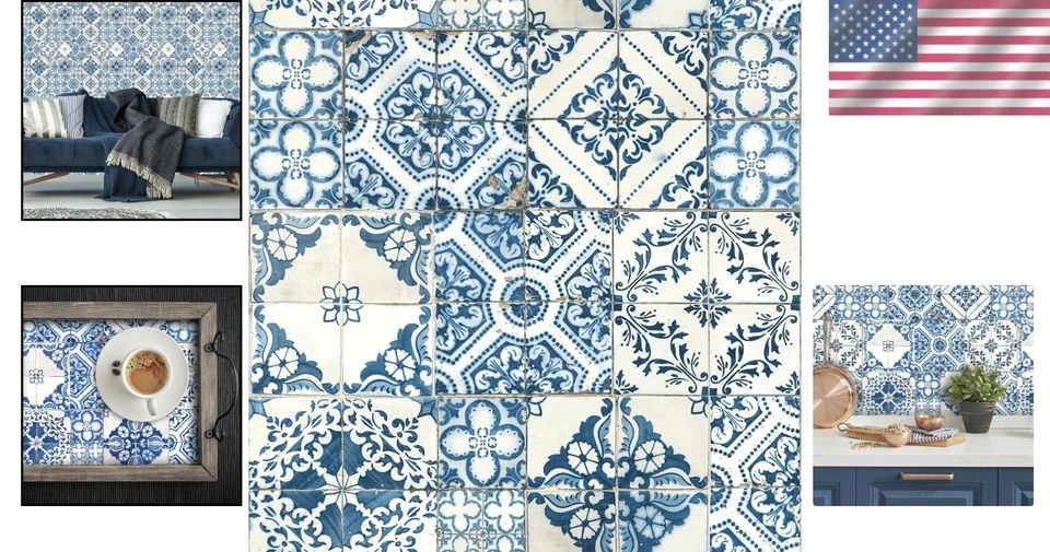 Papel Pintado Azulejo Mediterráneo Azul Autoadhesivo - 20.5" x 16.5' - Elegante y Fácil Foto 2 de 4