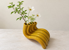 Vintage japanische Hisoku Brennofen Ikebana Vase gelb Keramik 5 R&ouml;hren...