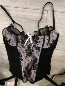 Ann Summers Black & Light Pink Satin Lace & Mesh Suspender Basque Size 36B