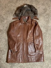 Vintage Reed Leather Jacket Parka Brown Large USA Made Mens Hood