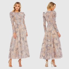 Mac Duggal Taupe Embellished High Neck A-line Midi Dress Size 6 798