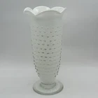 White Milk Glass Vintage Hobnail Vase Ruffled Edge 10”