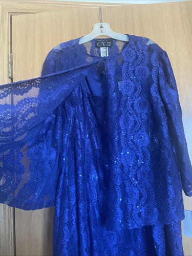 ALEX EVENINGS Royal Blue Lace Sparkly Sequins 2 Piece Set Dress Jacket Plus 20W - Picture 2 of 22