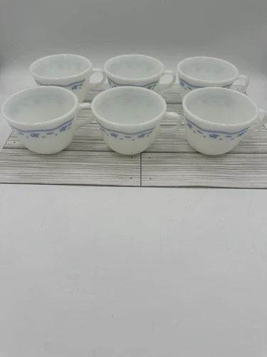 Pyrex Vintage Morning Blue Flower White Milk Glass Mugs/Cups Coffee Set of 6