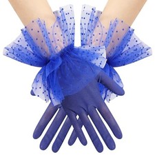 Women's Short Puffy Ruffle Lace Tulle Sheer Mesh Gloves Tea Party Royal Blue