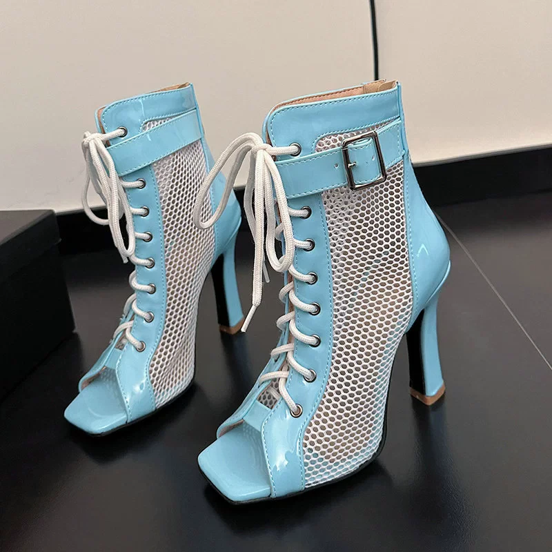 Fashion Women's Elegant Mesh Buckle Peep Toe High Heels Summer Shoes Ankle Boots - Image 2 of 4