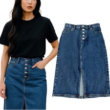 Banana Republic Denim Exposed Button Fly Front Slit Midi Skirt Womens Size 2