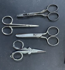 Antique Pair Sewing Scissors Lot Pinking Shears Button Hole Primitive Folding