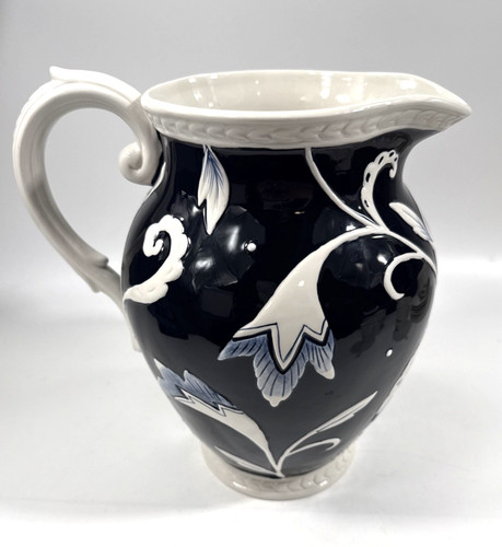 Fritz and Floyd Bristol dark blue and white floral pitcher 10" tall