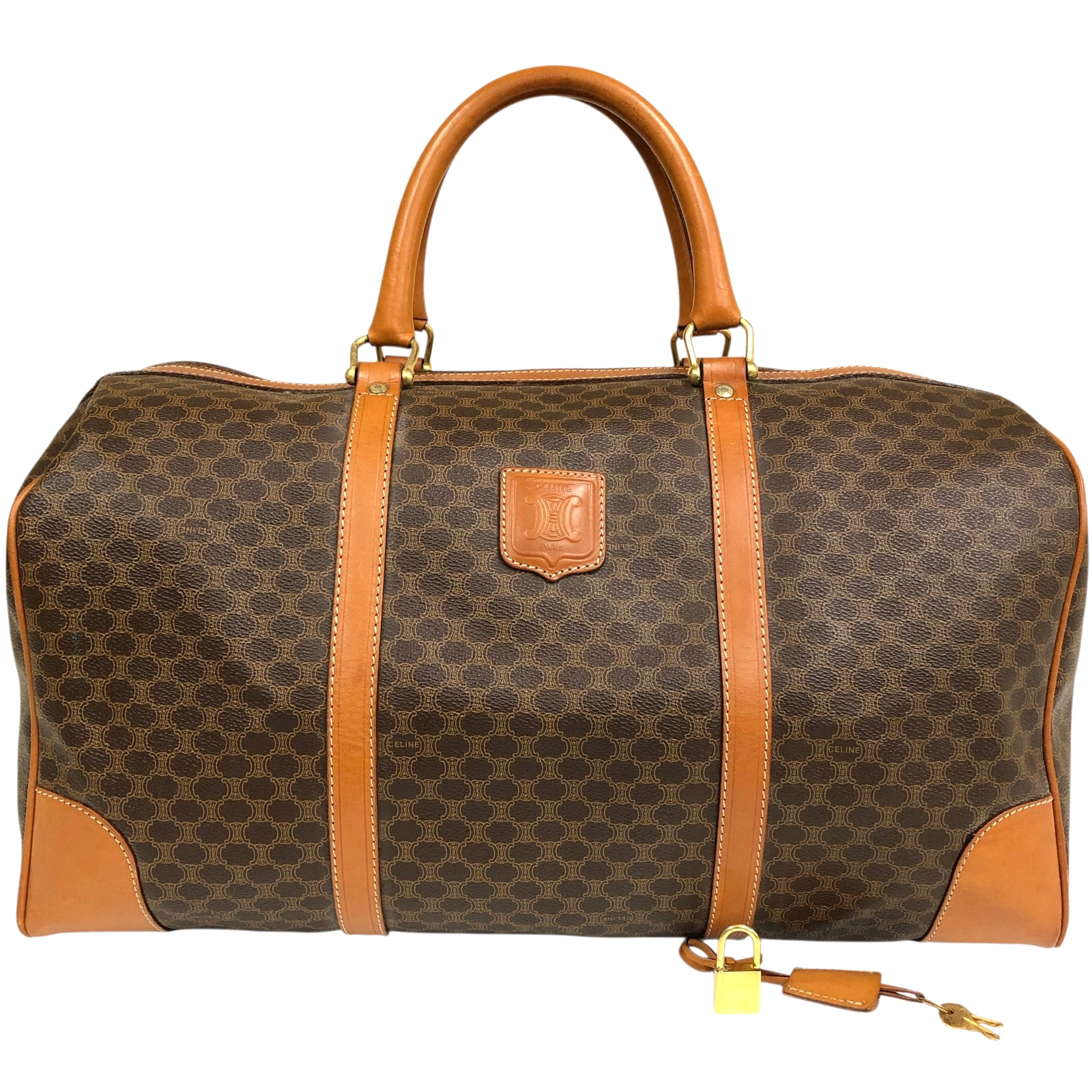 Auth Celine Boston Bag Macadam Triomphe Travel Bag PVC Leather Made in Italy