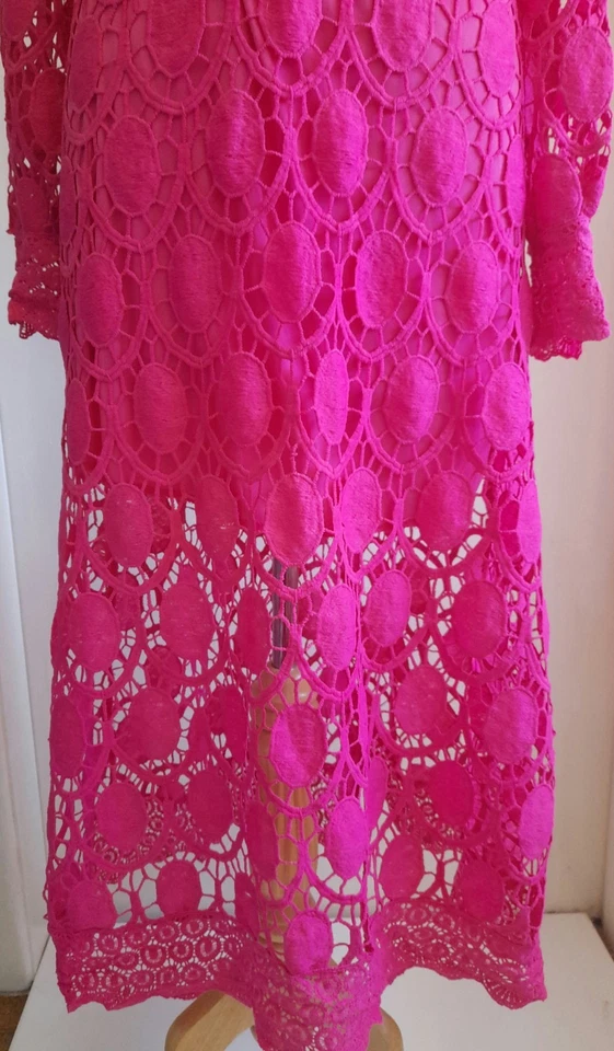 Hot Pink Laced Patterned Lined Puffed Sleeve Event Dress M/L - image 3 of 4