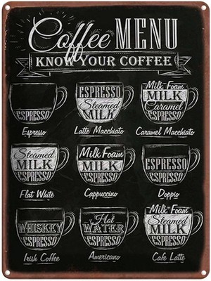 Blechschild 40x30 cm Kaffee Coffee Menu flat white Doppio Deko Geschenk Metall S