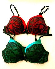 Lot Of 2 Victoria's Secret Bombshell Plunge Push-Up Bra 34A Red Green Lace NEW