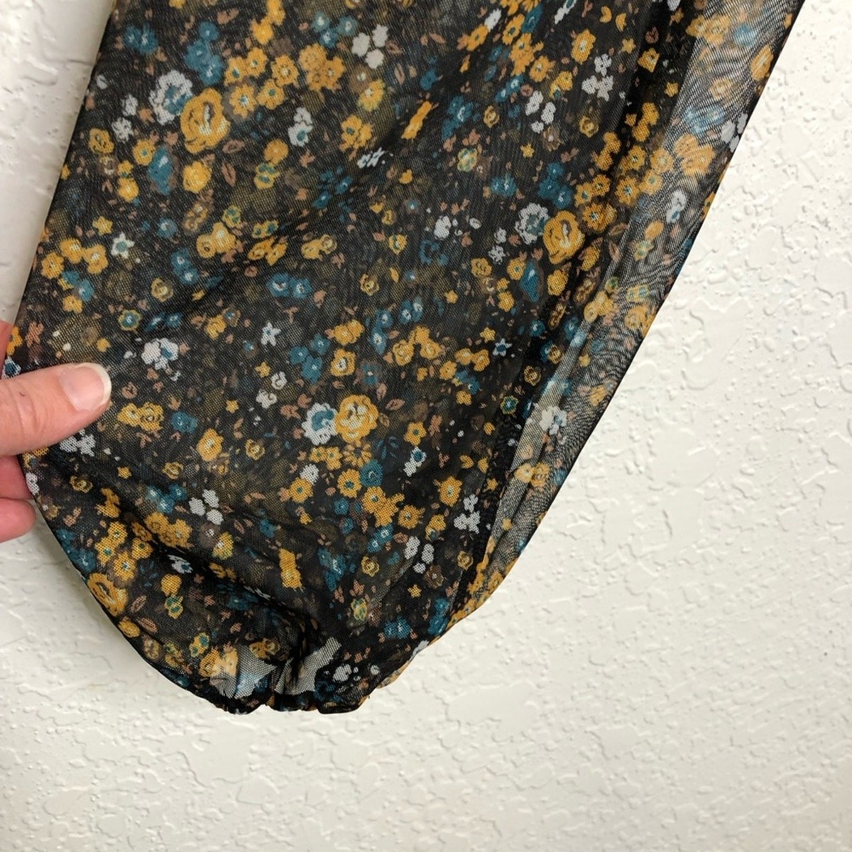Lulus Sweet Beauty black blue gold floral sheer balloon sleeve bodysuit Medium View 6