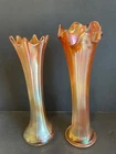 Lot of 2 Fluted Marigold Amber Iridescent Carnival Glass Swung Vase Grannycore