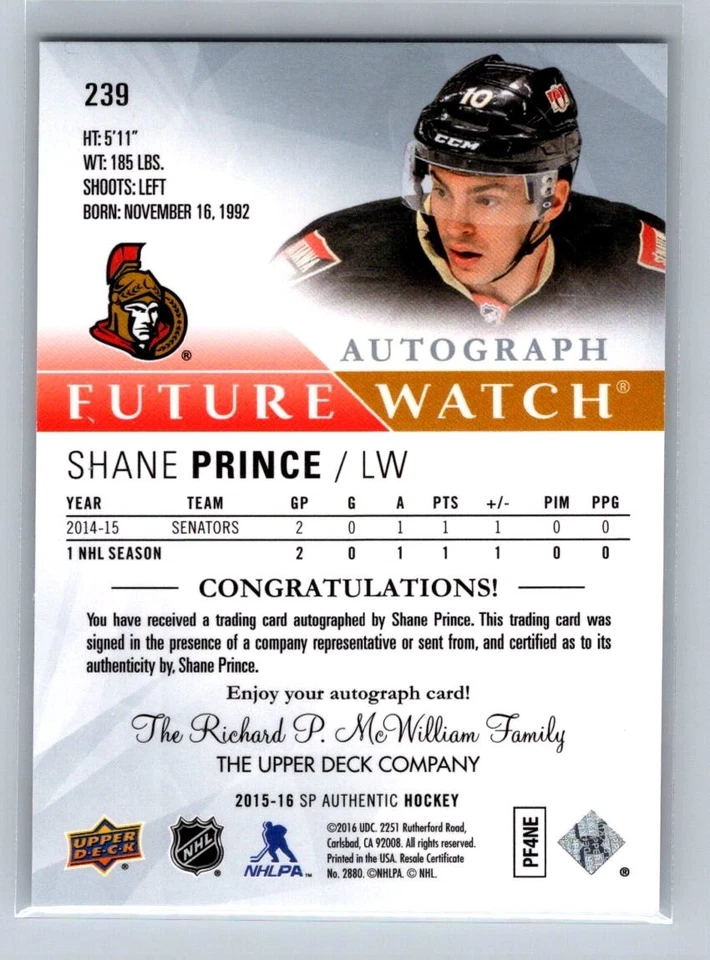 2015-16 SP Authentic - Future Watch Autographs Shane Prince #239 /999 (AU, RC) - Image 2 of 2