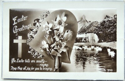 Antike Oster Grußkarte Glockenkreuz Narzissen Tulpen & Frühlingsszene