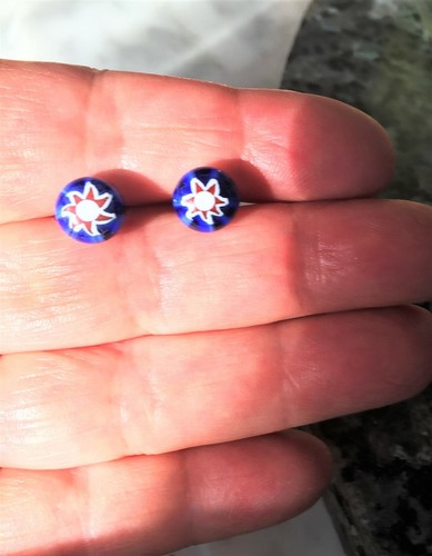 Cobal Blue Red White Star Venetian Murano Glass Round 9.5mm Ball Earring Studs - Picture 5 of 7