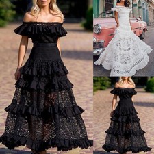 Women's Off Shoulder Lace Long Dress Ruffles Layered Sheer Swing Dress