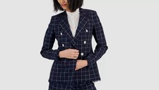 $495 Marella Women's Blue Fringe Trimmed Basket Weave Blazer Jacket Coat Size 8