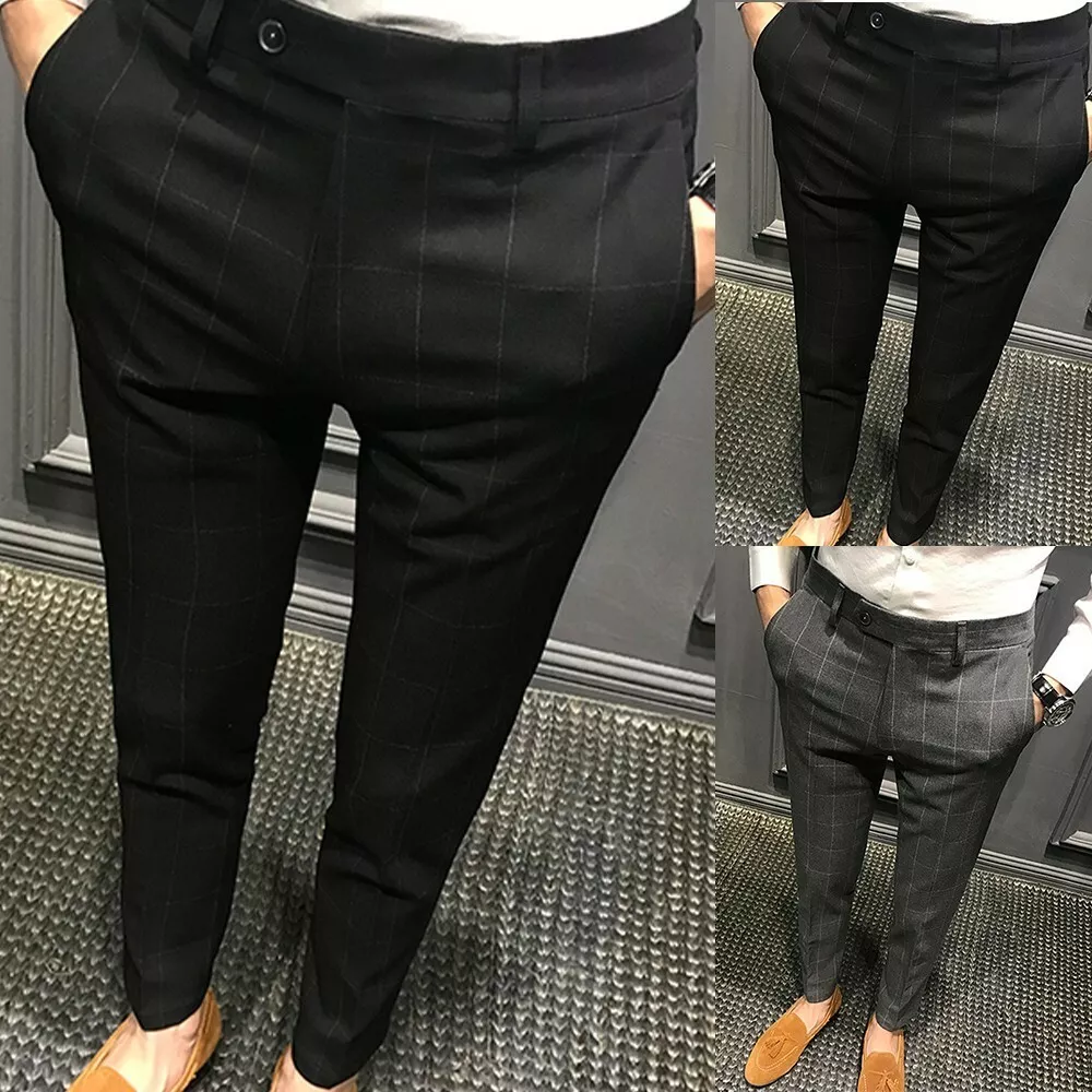 Mens Plaid Slim Fit Pencil Pants Formal Occasion Business Casual Skinny Trousers