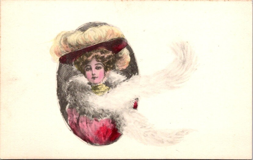 Postcard Pretty Woman Wearing Fashionable Victorian Clothing Hat Scarf     15113