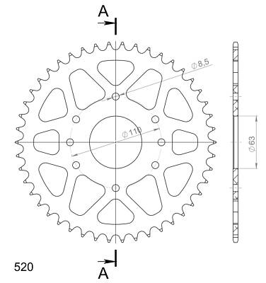 Kettenrad Supersprox 520 LK 110,0mm Ø 63mm 46Z 8-Loch Aluminium orange