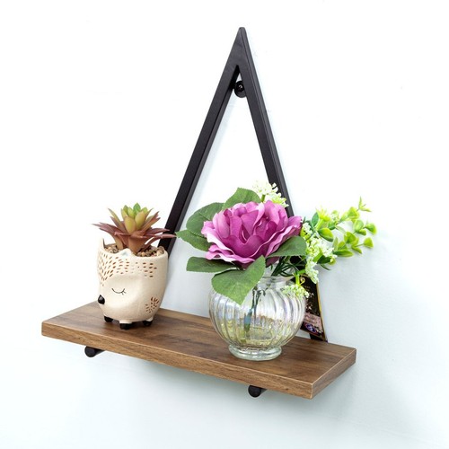 Stylish Dark Oak Triangle Wall Shelf Black Metal Frame Modern Storage Solution - Picture 3 of 8
