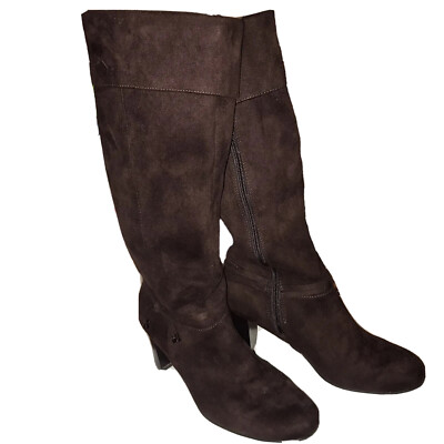 Predictions Knee High Boots Brown Side Zip Strap Detail Faux Suede Size 8 1/2 W