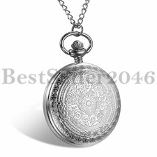 Vintage Pocket Watch Quartz Pendant Necklace Steampunk Carved Pattern 24H Dial