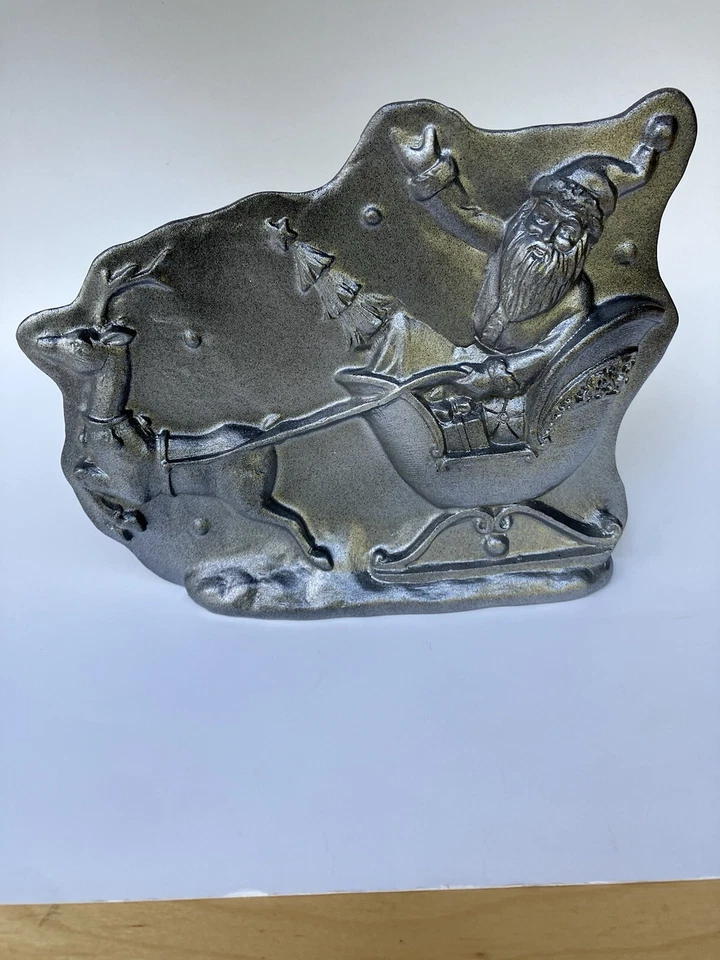 Primitive Antique Tin Style Santa Sleigh Reindeer Silver Resin Chocolate Mold - Image 3 of 4
