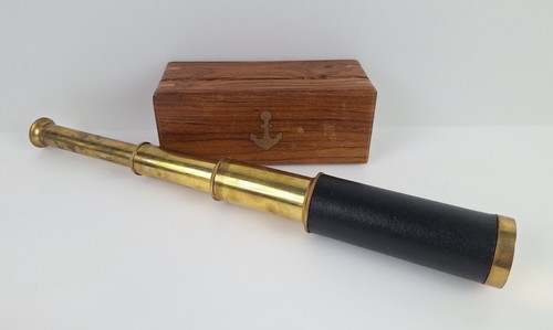 Brass Telescope w/ Wooden Storage Box Functional Pirate Spyglass Extension Naval