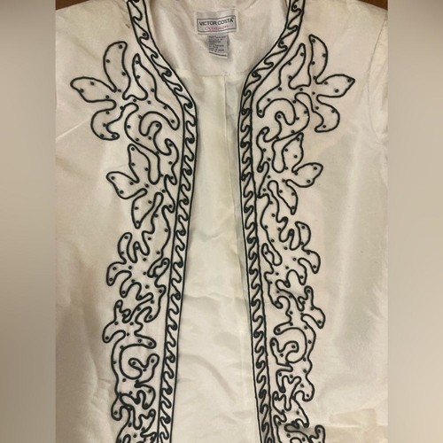 VTG Victor Costa Silk White and Black Beaded Jacket- size M- VINTAGE, A STUNNER! - Picture 3 of 7
