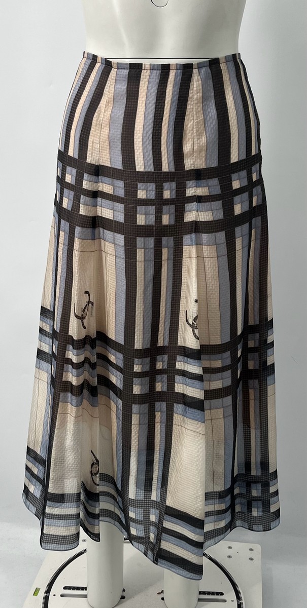 Chanel SS2023 Blue Plaid CC Logo Silk Midi Skirt sz 38 | eBay
