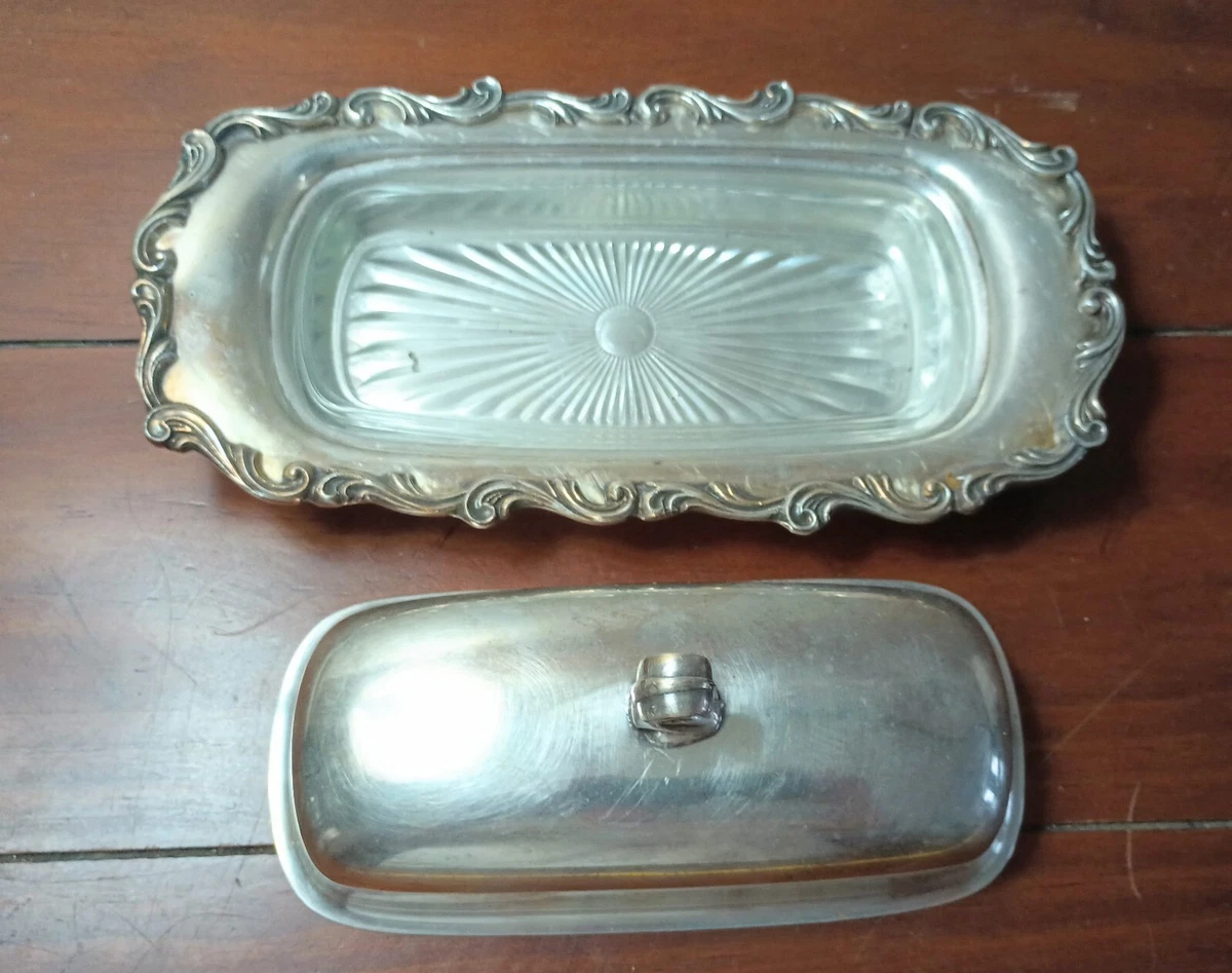 Silver plated butter shop dish with glass insert