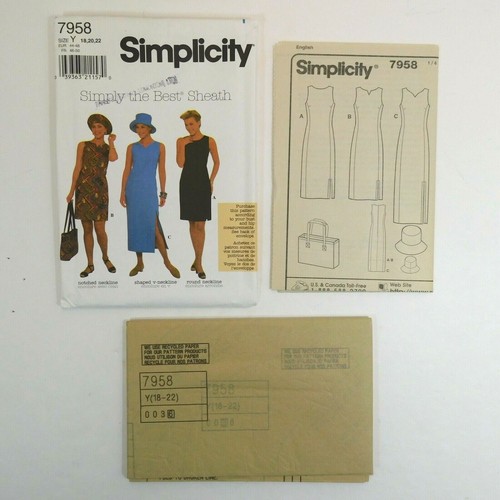 Simplicity 7958 Misses Dress Hat Bag Sewing Pattern Sz 18-22 Uncut Notched Neck - Picture 2 of 8