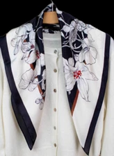 100% Silk 26" square Scarf Women neckerchief Wrap floral black white red MQ61