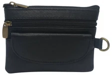 Black Leather Coin Purse Mini Wallet Key Pouch 2 Zippered Sections ID Slot Black