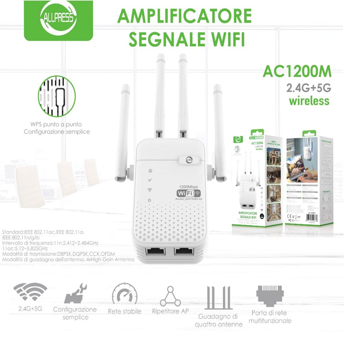 1200Mbps Ripetitore WiFi, Porta Ethernet, Internet Booster, 2.4/5GHz - Foto 7