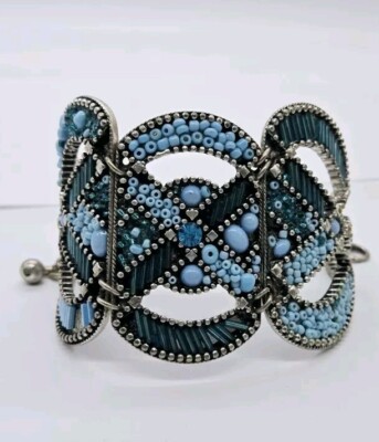 Blue beaded Bracelet Silver tone Wide Art Deco Express Chunky Statement