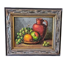 Vintage Still Life Fruit Bowl Oil Painting Apple Canvas Wood Frame Midcentury