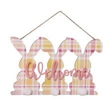 Welcome Easter Bunnies Sign Pink Yellow Hanging Wood Spring Decor Art 11"x11"